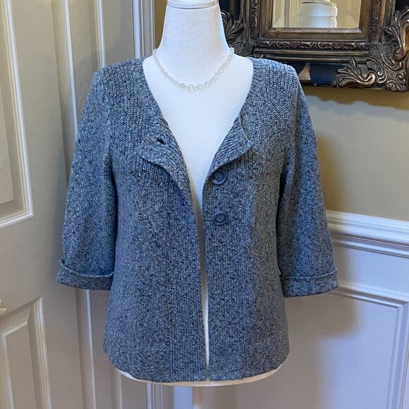 Christopher & Banks Size M Blue Gray Knit Sweater 3/4 Sleeves 3 Top Buttons - Picture 4 of 9